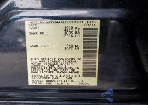 2015 Nissan Altima 2.5 z USA, uszkodzony, nr VIN 1N4AL3AP4FC170111